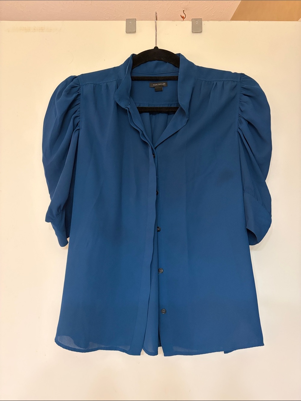 Ann Taylor Blue Puff Sleeve Button-Front Blouse